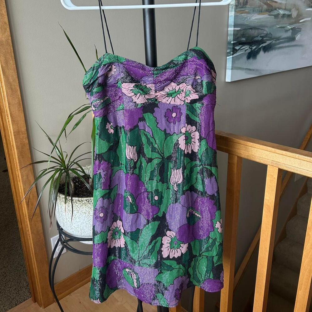 Vintage Nanette Lepore Purple and Green Floral Shimmer Silk Mini Dress